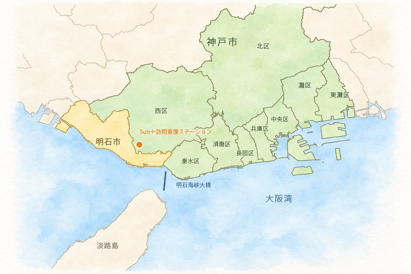 対応エリアの地図（神戸市全区と明石市）