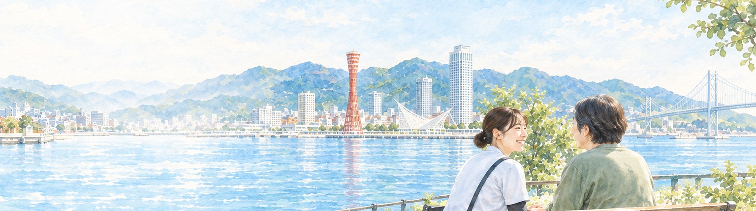 神戸の港を望むベンチで、看護師とご利用者が穏やかに語り合っている水彩イラスト