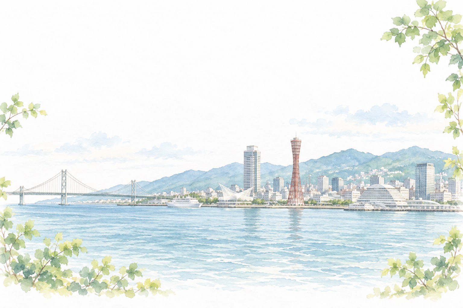 神戸の港と街並みの水彩イラスト