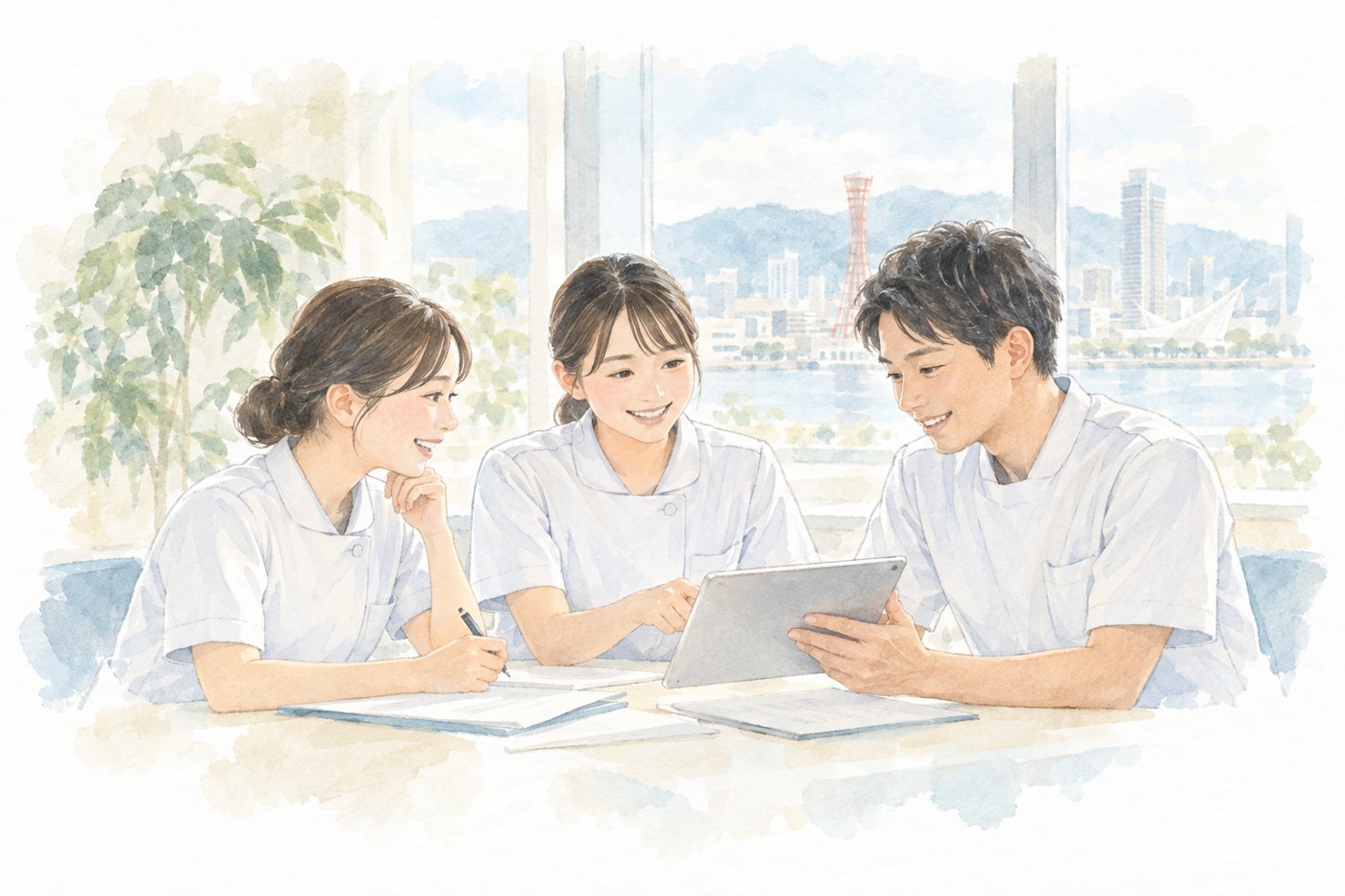 窓辺で打ち合わせをする看護師たちの水彩イラスト