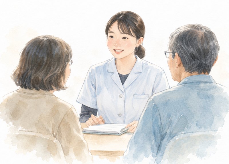 看護師がご家族と話している水彩イラスト