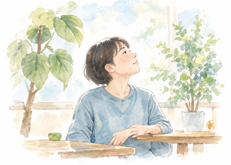 窓辺で穏やかに過ごす人の水彩イラスト