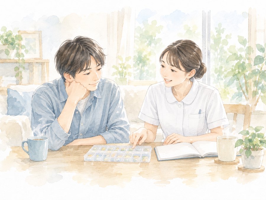 窓辺のテーブルとカップの水彩イラスト